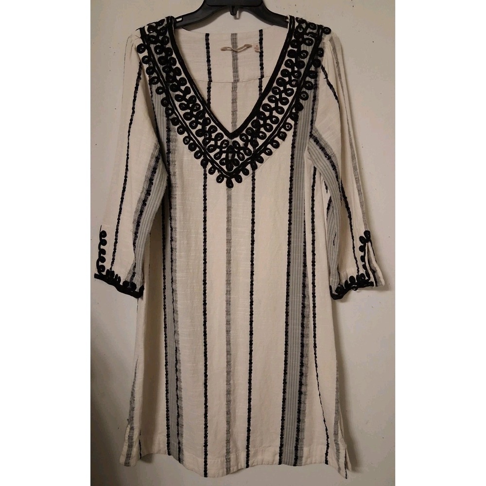 Soft Surroundings Shift Dress M Cotton Cream Black Trim V-Neck Casual Relaxed